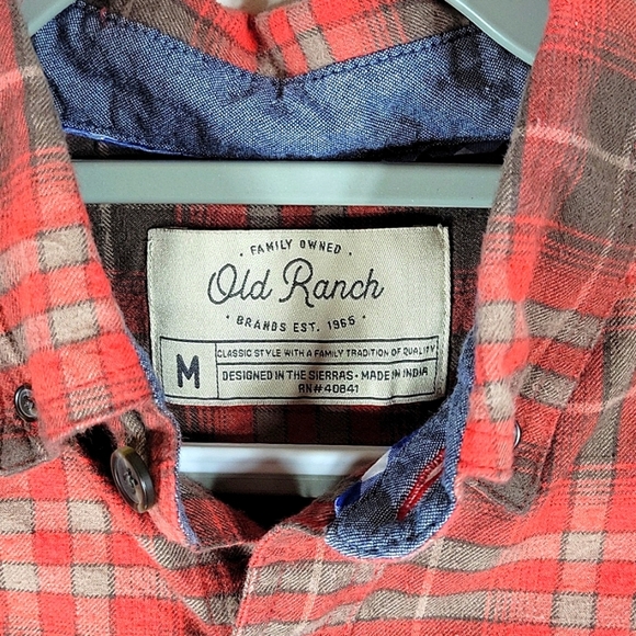 Old Ranch Men's Flannel Shirt Longsleeve Cotton Button Up Medium Orange/Brown - Picture 3 of 5